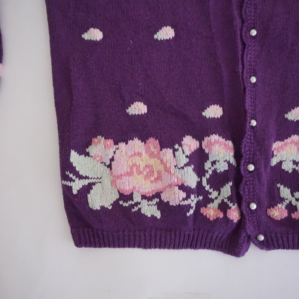 Vintage Maggie Lawrence Purple Polka Dot Floral Embroidered Knit Cardigan M - Picture 7 of 9